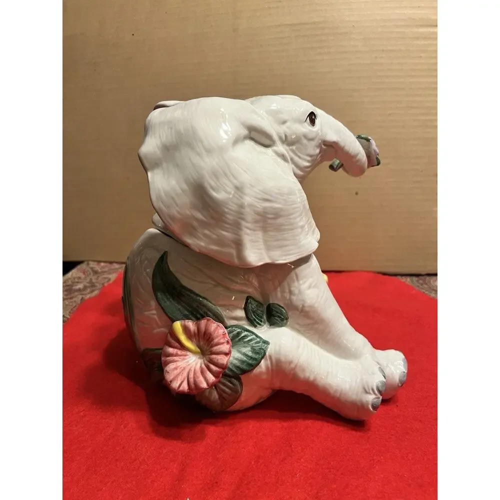 VINTAGE 1991 FITZ & FLOYD JUNGLE RAINFOREST COLLECTION WHITE ELEPHANT COOKIE JAR